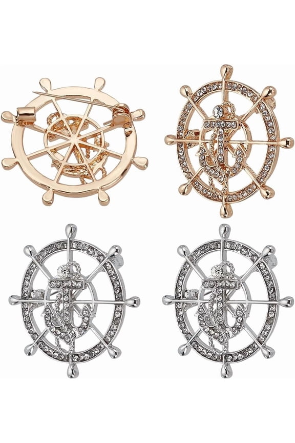 4-Piece Boat Anchor Rudder Brooch Pins Platinum & Gold Alloy Rhinestone Nautical Badges for Men's Jackets Hats