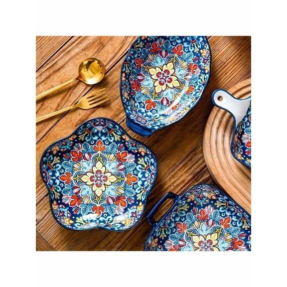 4-Piece Bohemian Ceramic Bakeware Set - Hand-Painted Oven-Safe Dishes for Rice/Pasta, Home & Special Occasions