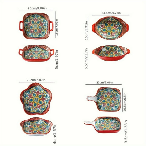 4-Piece Bohemian Ceramic Bakeware Set - Rectangular Casserole & Serving Dishes - Oven-to-Table Design for Pasta, Baked Meals - Everglow Trading
