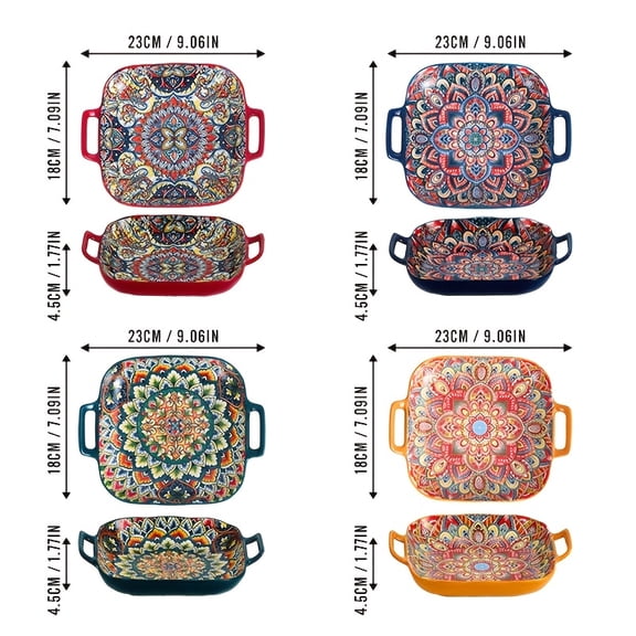 4-Piece Bohemian Ceramic Square Plate Set - Double Ear Design - Oven/Microwave Safe - Perfect for Cooking, Camping - Great Holiday Gift