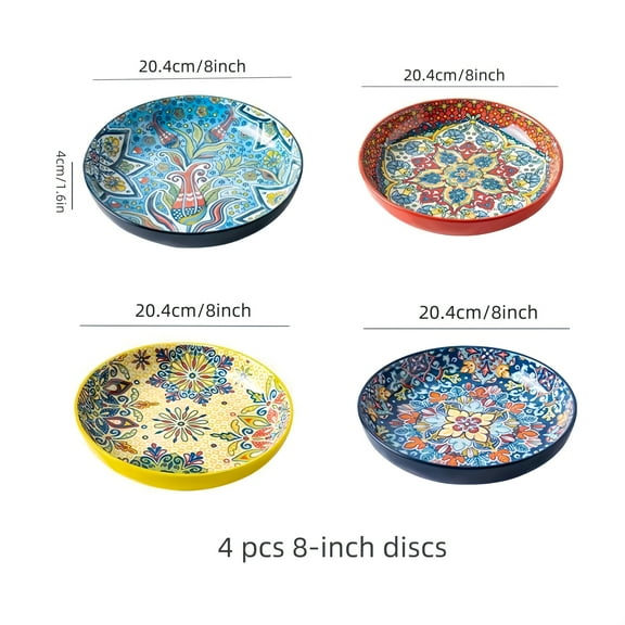 4-Piece Bohemian Ceramic Square Plate Set - Double Ear Design - Oven/Microwave Safe - Perfect for Cooking, Camping - Great Holiday Gift