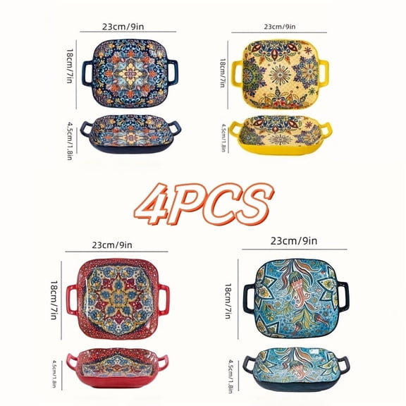 4-Piece Bohemian Ceramic Square Plate Set - Double Ear Design - Oven/Microwave Safe - Perfect for Cooking, Camping - Great Holiday Gift