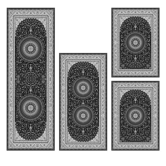 4-Piece Bohemian Kitchen Rug Set - Non-Slip Absorbent Microfiber Mats, Machine Washable for Kitchen/Laundry (Gray)