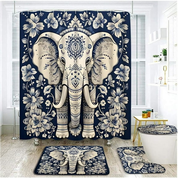 4 Piece Boho Elephant Shower Curtain Set with Rugs, Toilet Lid Cover ,Indigo Blue Elephant Ethnic Indian Mandala Floral Paisley Animal Bohemian Floral Aesthetic Bathroom Shower Curtain with Hooks