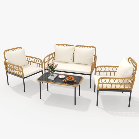 4-Piece Boho Rattan Patio Furniture Set, Outdoor Table & Chairs with Glass Side Table and Loveseat, 4-Seater Conversation Design for Backyard, Porch & Bistro Decor, Beige
