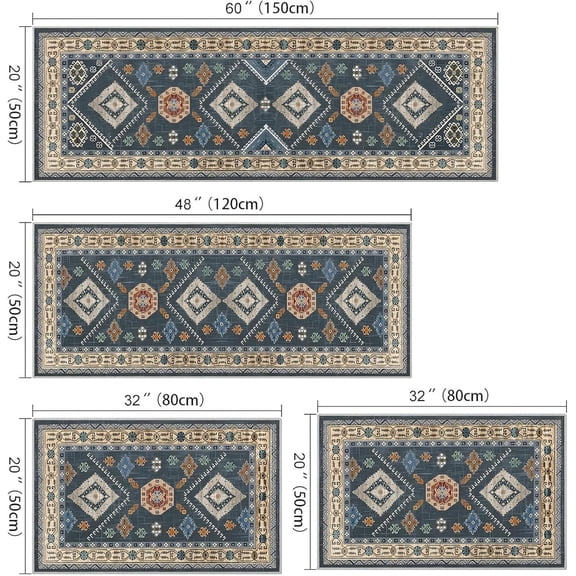 4 Piece Boho Vintage Kitchen Rugs Set with Runner, Non-Slip Kitchen Floor Mats, Soft High Pile Durable Accent Rugs for Kitchen Laundry Hallway Bathroom