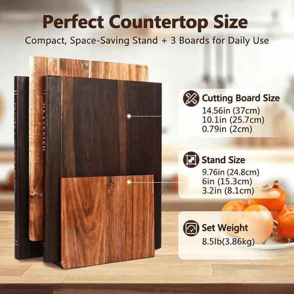 4-Piece Book Shaped Cutting Board, Solid Acacia Wood Cutting Boards Set, Decorative Book Design Kitchen Chopping Boards with Stand, for Fruits, Vegetables, Meat, Bread, Unique Kitchen Decor & Gift