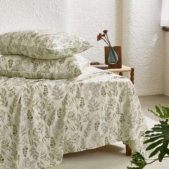 4-Piece Botanical Floral Leaf Print Sheet Set Deep Pocket Olive Green Queen Size
