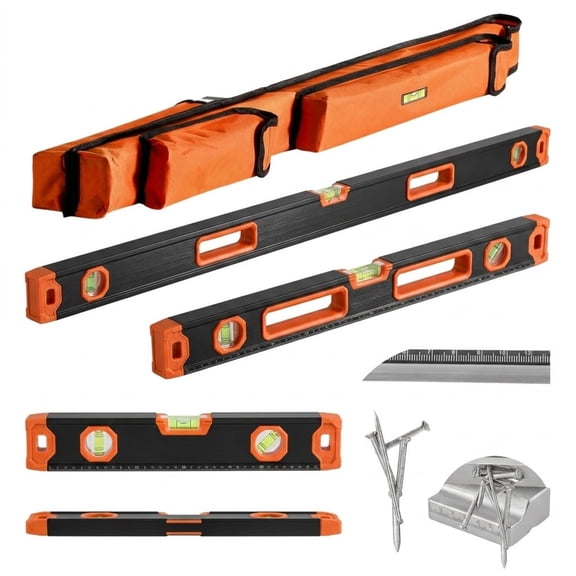4-Piece Box Level Set, 48/24/16/10-Inch Aluminum Alloy Spirit Levels, Fluorescent 45/90/180 Vials, Shock-Proof (10" Magnetic)