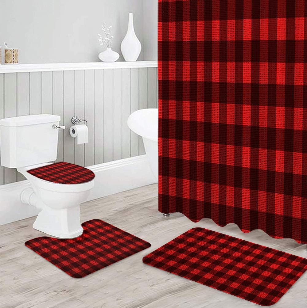 4 Piece Buffalo Plaid Shower Curtain Sets with NonSlip Rug Toilet Lid