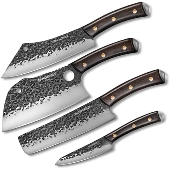 4-Piece Butcher Knife Set with 7 Cleaver, 8 Chef Knife, 8 Nakiri & 5 Utility Knife Hand Forged Full Tang Kitchen Knives with Sharpening Stone for BBQ, Meat, Veggies & Outdoor Cooking