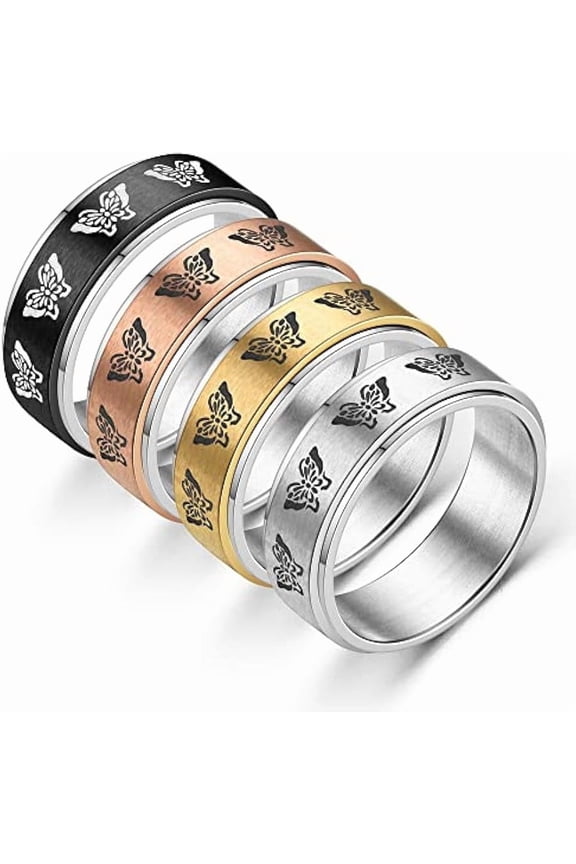 4-Piece Butterfly Anxiety Spinner Ring Set for Women, Stainless Steel Fidget Band Rings, Cool Wedding Rings, Sizes 6-11-12-