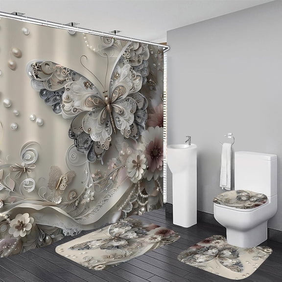 4-Piece Butterfly Floral Shower Curtain Sets Botanical Aesthetic Flower Bathroom Set with Shower Curtain and Rugs, Cute Fun Decorative Bath Curtain with Hooks for Home Decor