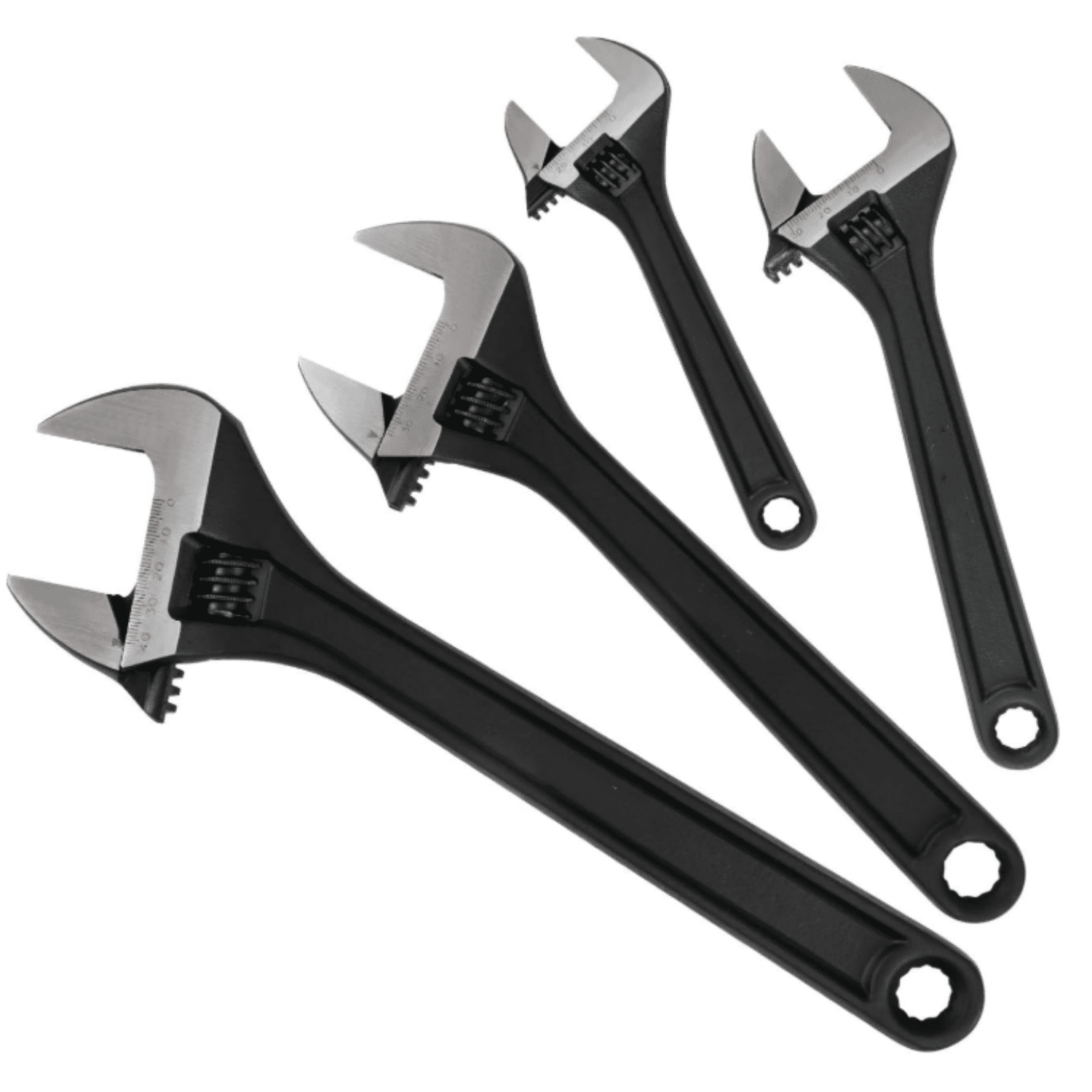 4-Piece CR-V Adjustable Wrench Set, Industrial Grade Drop Forged Chrome Vanadium Steel Black Oxide Finish Wide Jaw, 6, 8, 10, 12 Inch
