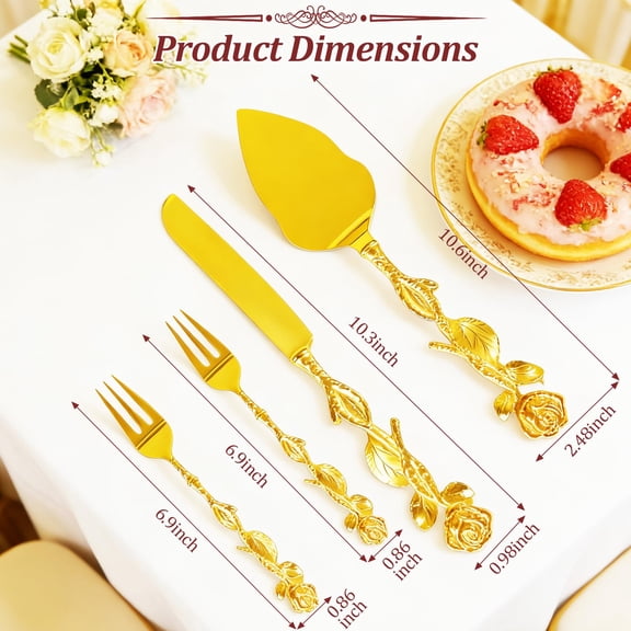 4-Piece Cake and Server Set, Rose Engraved Handles, Event Serving