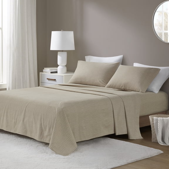 4-Piece Cal King 100% Cotton Printed Sheet Set,Beige/White Stripes