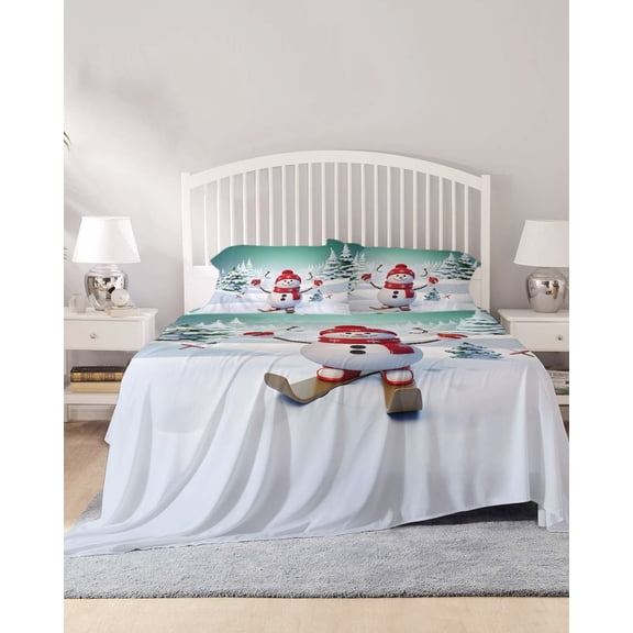 4 Piece Cal. King Sheet Set Aurora Green Christmas Sheets Set for Cal. King Size Bed, Breathable Soft Microfiber Bed Sheets Winter Skiing Snowman Pine Tree Fitted Sheet Deep Pocket, Pillowcases