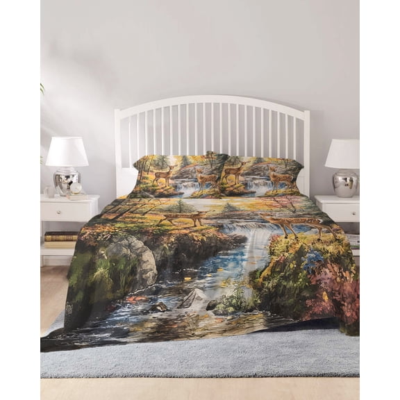 4 Piece Cal. King Sheet Set Autumn Forest Deer Sheets Set for Cal. King Size Bed, Breathable Soft Microfiber Bed Sheets Elk River Mountain Fitted Sheet Deep Pocket, Pillowcases