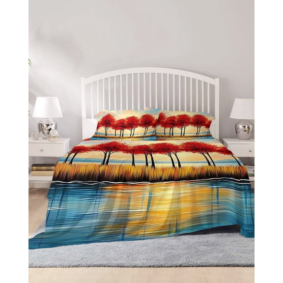 4 Piece Cal. King Sheet Set Autumn Leaves Sheets Set for Cal. King Size Bed, Breathable Soft Microfiber Bed Sheets Orange Sunrise Ombre Lake Reflection Fitted Sheet Deep Pocket, Pillowcases