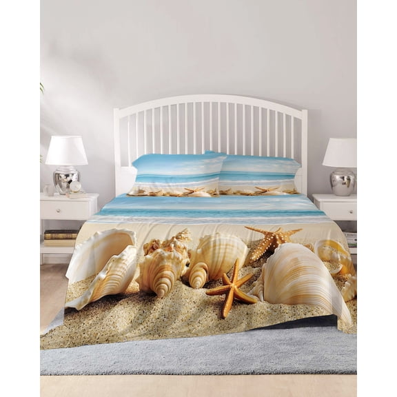 4 Piece Cal. King Sheet Set Beach Coastal Sheets Set for Cal. King Size Bed, Breathable Soft Microfiber Bed Sheets Summer Seaside Shell Starfish Nautical Fitted Sheet Deep Pocket, Pillowcases