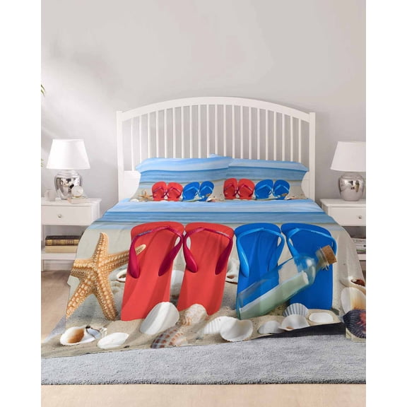 4 Piece Cal. King Sheet Set Beach Coastal Slippers Sheets Set for Cal. King Size Bed, Breathable Soft Microfiber Bed Sheets Ocean Starfish Shell Shoreline Fitted Sheet Deep Pocket, Pillowcases