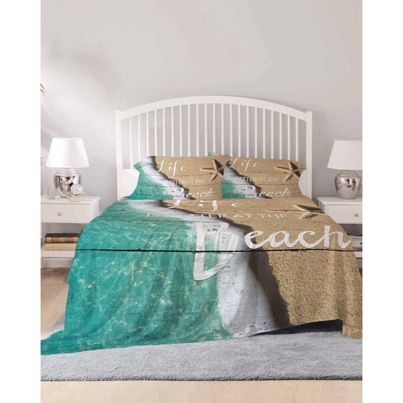 4 Piece Cal. King Sheet Set Beige Blue Summer Beach Sheets Set for Cal. King Size Bed, Breathable Soft Microfiber Bed Sheets Coastal Nautical Starfish Ocean Fitted Sheet Deep Pocket, Pillowcases
