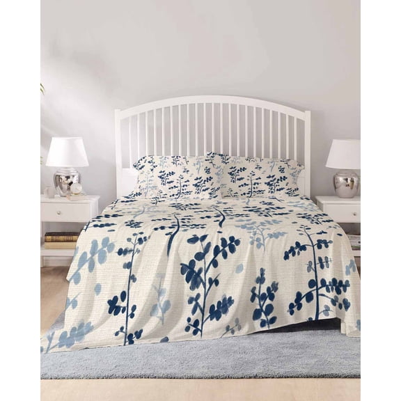 4 Piece Cal. King Sheet Set Blue Botanical Sheets Set for Cal. King Size Bed, Breathable Soft Microfiber Bed Sheets Rustic Country Spring Floral Summer Leaf Fitted Sheet Deep Pocket, Pillowcases