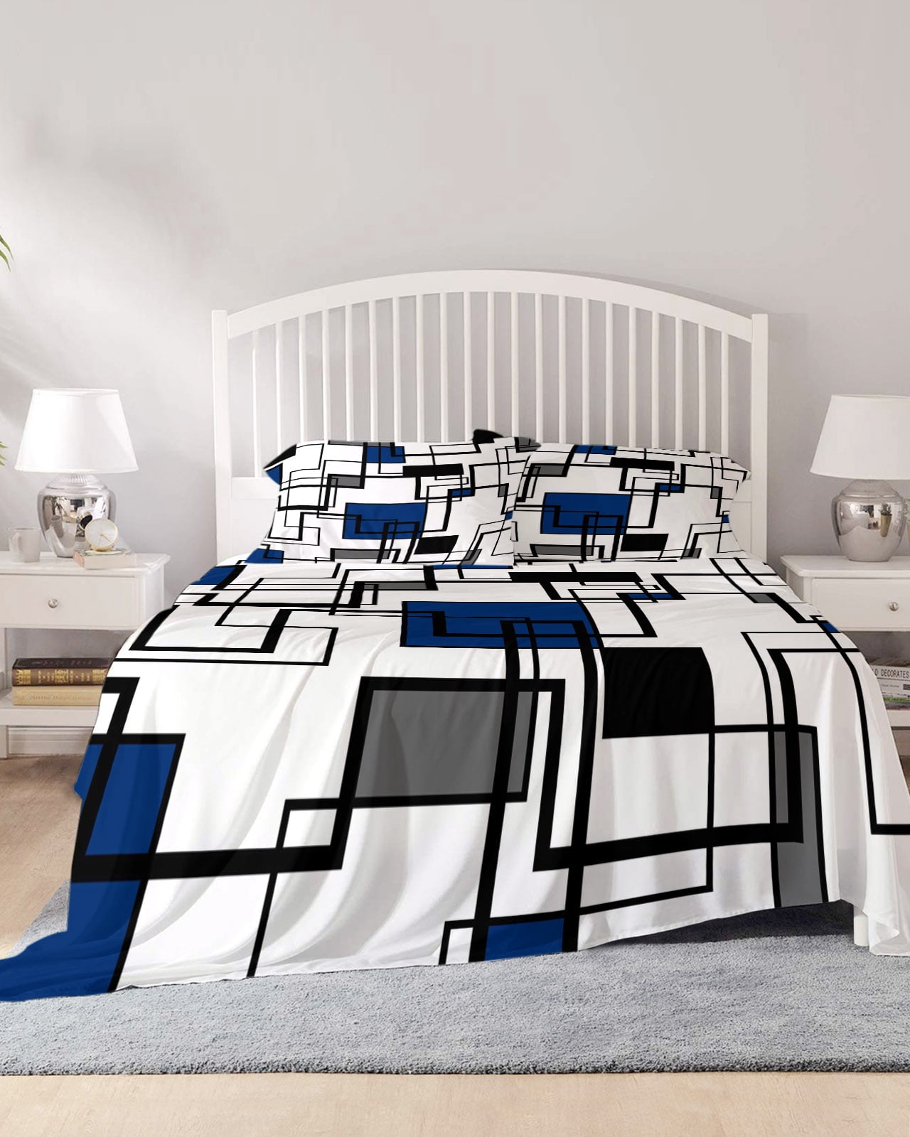 4 Piece Cal. King Sheet Set Blue Geometric Sheets Set for Cal. King ...