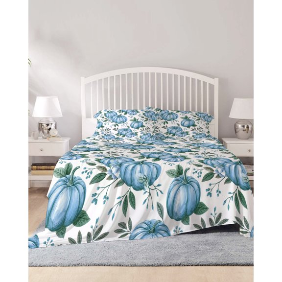 4 Piece Cal. King Sheet Set Blue Pumpkin Sheets Set for Cal. King Size Bed, Breathable Soft Microfiber Bed Sheets Thanksgiving Autumn Fall Leaf Flower Fitted Sheet Deep Pocket, Pillowcases