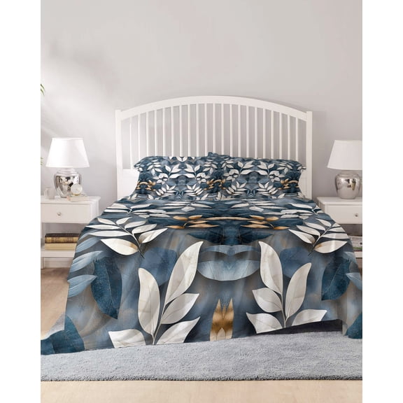 4 Piece Cal. King Sheet Set Blue White Leaves Sheets Set for Cal. King Size Bed, Breathable Soft Microfiber Bed Sheets Vintage Ethnic Boho Botanical Branch Fitted Sheet Deep Pocket, Pillowcases