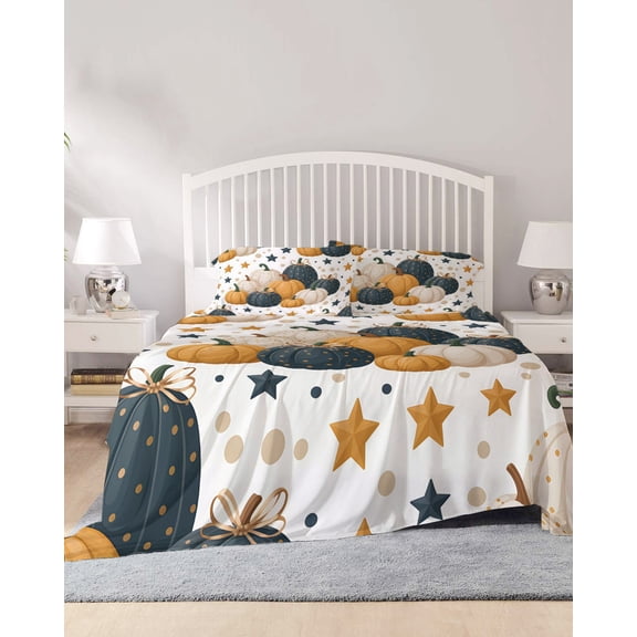4 Piece Cal. King Sheet Set Blue Yellow Fall Sheets Set for Cal. King Size Bed, Breathable Soft Microfiber Bed Sheets Pumpkins Maple Leaf Thanksgiving Fitted Sheet Deep Pocket, Pillowcases