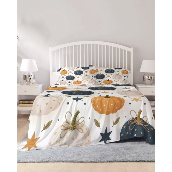 4 Piece Cal. King Sheet Set Blue Yellow Fall Sheets Set for Cal. King Size Bed, Breathable Soft Microfiber Bed Sheets Thanksgiving Pumpkins Maple Leaf Fitted Sheet Deep Pocket, Pillowcases