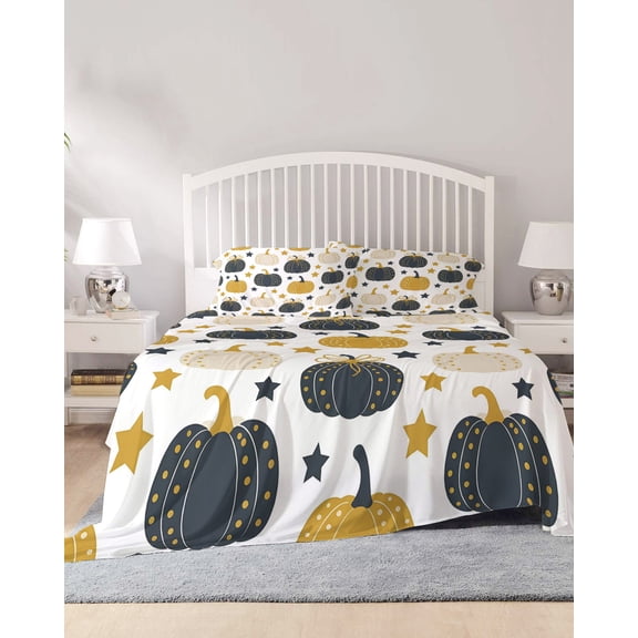 4 Piece Cal. King Sheet Set Blue Yellow Fall Sheets Set for Cal. King Size Bed, Breathable Soft Microfiber Bed Sheets Thanksgiving Pumpkins Star Fitted Sheet Deep Pocket, Pillowcases