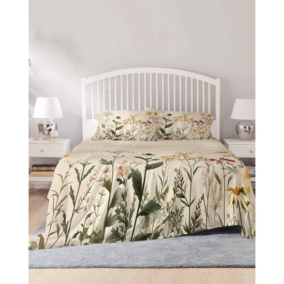 4 Piece Cal. King Sheet Set Botanical Sheets Set for Cal. King Size Bed, Breathable Soft Microfiber Bed Sheets Retro Plant Wildflower Green Leaf Ferns Fitted Sheet Deep Pocket, Pillowcases
