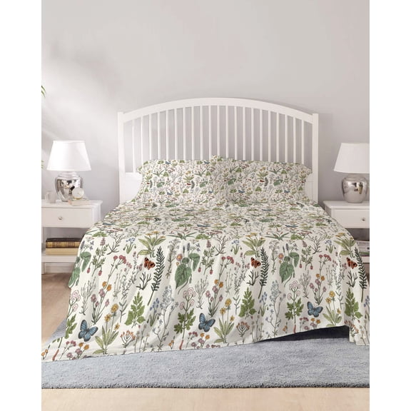 4 Piece Cal. King Sheet Set Botanical Sheets Set for Cal. King Size Bed, Breathable Soft Microfiber Bed Sheets Vintage Floral Wildflower Country Leaf Plant Fitted Sheet Deep Pocket, Pillowcases