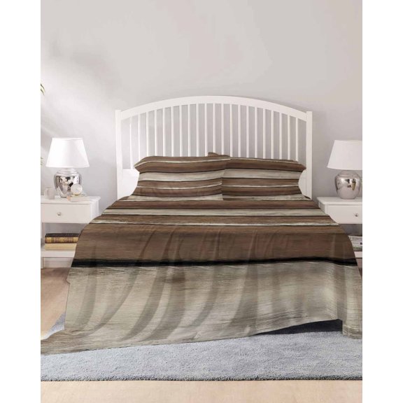 4 Piece Cal. King Sheet Set Brown Beige Wooden Sheets Set for Cal. King Size Bed, Breathable Soft Microfiber Bed Sheets Vintage Farmhouse Retro Art Fitted Sheet Deep Pocket, Pillowcases