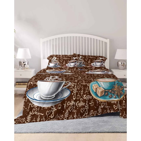 4 Piece Cal. King Sheet Set Brown Coffee Farmhouse Sheets Set for Cal. King Size Bed, Breathable Soft Microfiber Bed Sheets Coffee Cup Bean Sugar Retro Fitted Sheet Deep Pocket, Pillowcases
