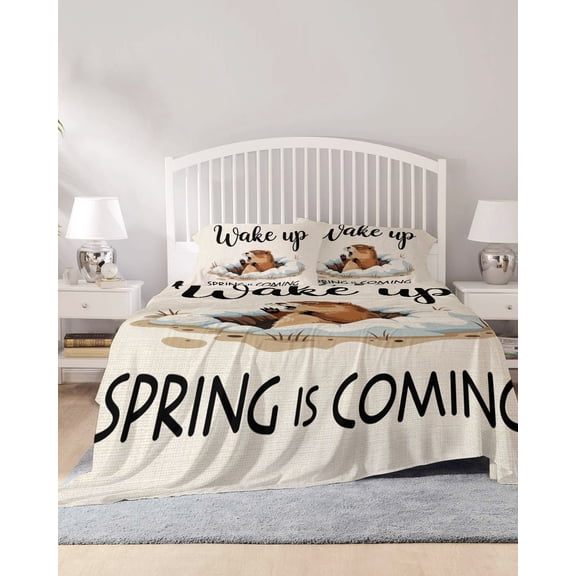 4 Piece Cal. King Sheet Set Cartoon Groundhog Sheets Set for Cal. King Size Bed, Breathable Soft Microfiber Bed Sheets Wake Up Spring Is Coming Country Fitted Sheet Deep Pocket, Pillowcases