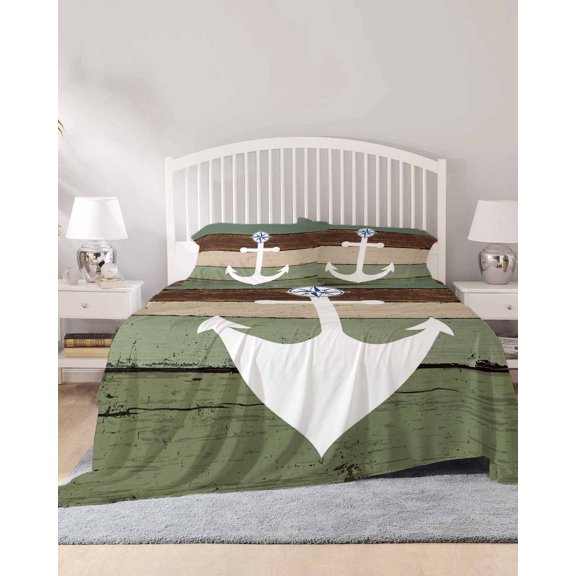 4 Piece Cal. King Sheet Set Coastal Anchor Sheets Set for Cal. King Size Bed, Breathable Soft Microfiber Bed Sheets Sage Green Brown Retro Wooden Grain Fitted Sheet Deep Pocket, Pillowcases