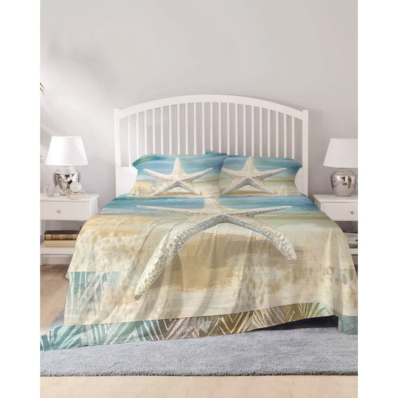4 Piece Cal. King Sheet Set Coastal Beach Sheets Set for Cal. King Size Bed, Breathable Soft Microfiber Bed Sheets Summer Ocean Wave Retro Starfish Textured Fitted Sheet Deep Pocket, Pillowcases