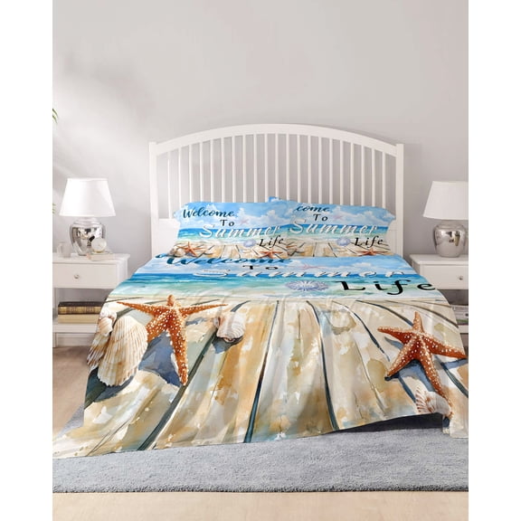 4 Piece Cal. King Sheet Set Coastal Beach Sheets Set for Cal. King Size Bed, Breathable Soft Microfiber Bed Sheets Summer Ocean Wave Starfish Shell Plank Fitted Sheet Deep Pocket, Pillowcases