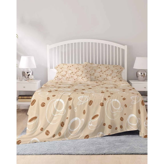 4 Piece Cal. King Sheet Set Coffee Cups Sheets Set for Cal. King Size Bed, Breathable Soft Microfiber Bed Sheets Vintage Country Leisure Coffee Beans Beige Fitted Sheet Deep Pocket, Pillowcases