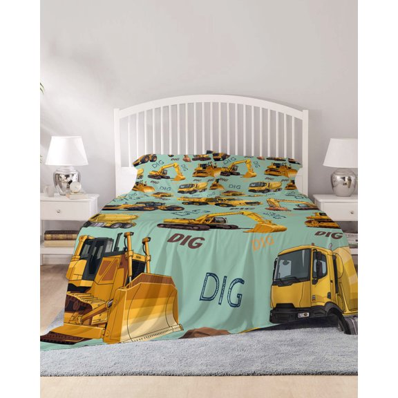 4 Piece Cal. King Sheet Set Construction Truck Sheets Set for Cal. King Size Bed, Breathable Soft Microfiber Bed Sheets Cartoon Grips and Bulldozers Green Fitted Sheet Deep Pocket, Pillowcases