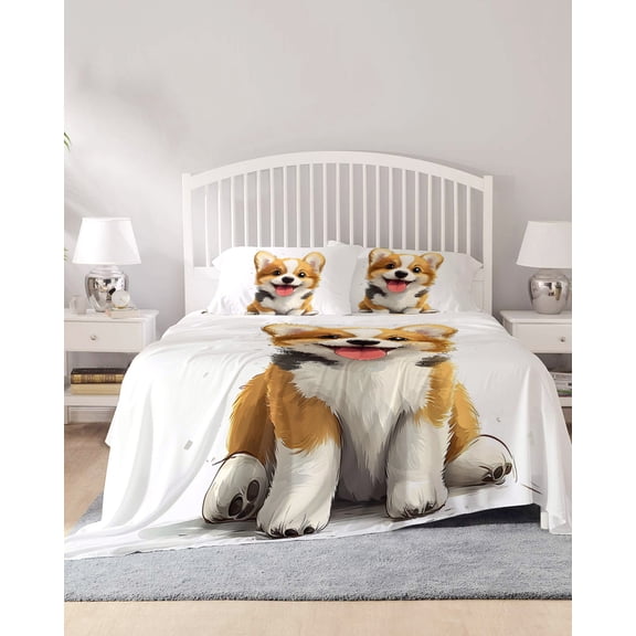 4 Piece Cal. King Sheet Set Cute Pet Puppy Sheets Set for Cal. King Size Bed, Breathable Soft Microfiber Bed Sheets Modern Cartoon Sitting Dog Animal Fitted Sheet Deep Pocket, Pillowcases