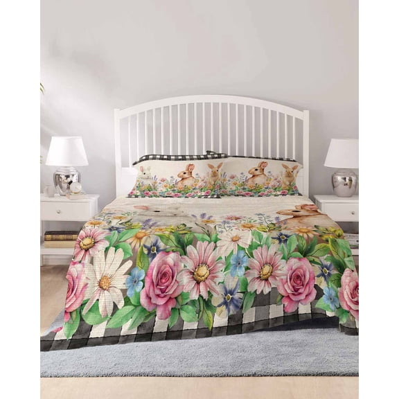 4 Piece Cal. King Sheet Set Easter Bunny Sheets Set for Cal. King Size Bed, Breathable Soft Bed Sheets Spring Flowers Leaves Cute Rabbits Pastoral Plants Fitted Sheet Deep Pocket, Pillowcases