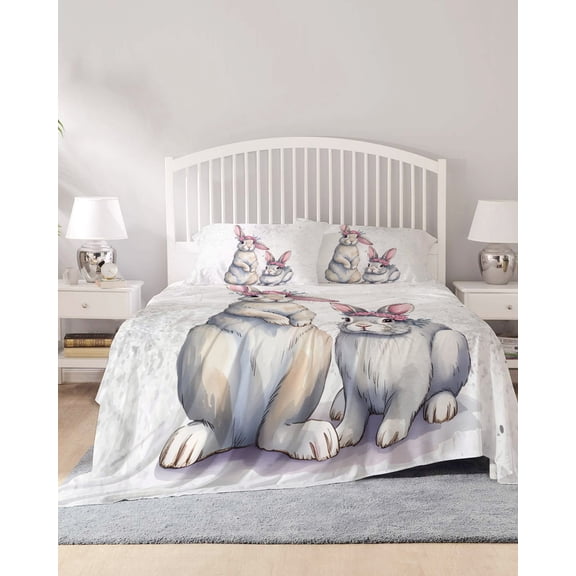 4 Piece Cal. King Sheet Set Easter Bunny Sheets Set for Cal. King Size Bed, Breathable Soft Microfiber Bed Sheets Cute Rabbits with Rings Retro Country Fitted Sheet Deep Pocket, Pillowcases
