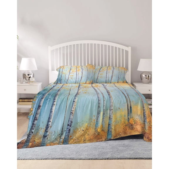 4 Piece Cal. King Sheet Set Fall Forest Tree Sheets Set for Cal. King Size Bed, Breathable Soft Microfiber Bed Sheets Retro Trunk Leaves Orange Blue Fitted Sheet Deep Pocket, Pillowcases