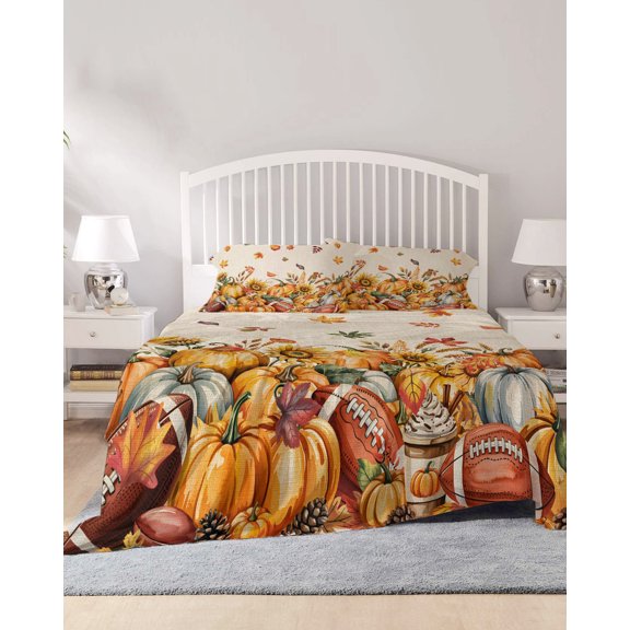 4 Piece Cal. King Sheet Set Fall Pumpkin Sheets Set for Cal. King Size Bed, Breathable Soft Microfiber Bed Sheets Vintage Rugby Pumpkin Sunflower Maple Leaf Fitted Sheet Deep Pocket, Pillowcases