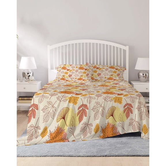 4 Piece Cal. King Sheet Set Fall Sheets Set for Cal. King Size Bed, Breathable Soft Microfiber Bed Sheets Thanksgiving Maple Leaf Autumn Farmhouse Retro Fitted Sheet Deep Pocket, Pillowcases