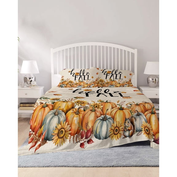 4 Piece Cal. King Sheet Set Fall Sheets Set for Cal. King Size Bed, Breathable Soft Microfiber Bed Sheets Thanksgiving Pumpkin Sunflower Autumn Leaves Fitted Sheet Deep Pocket, Pillowcases